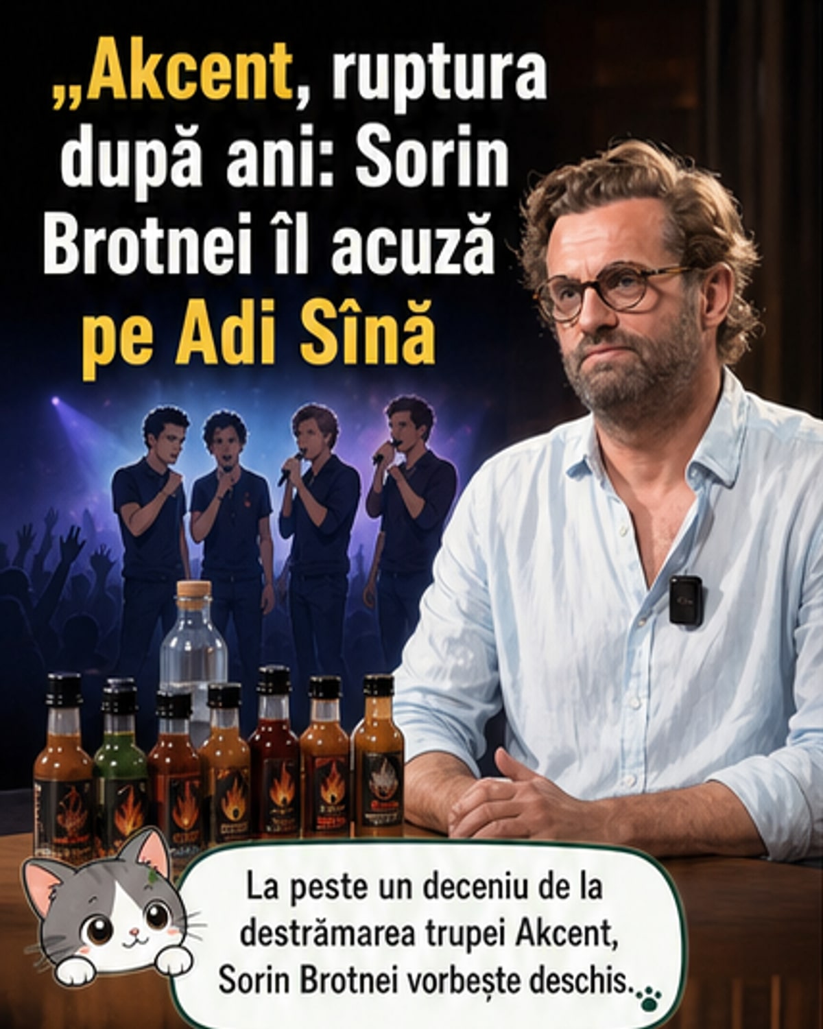 Ilustrație stilizată cu membrii trupei Akcent pe scenă, umbrele lor arătând tensiune și despărțire.