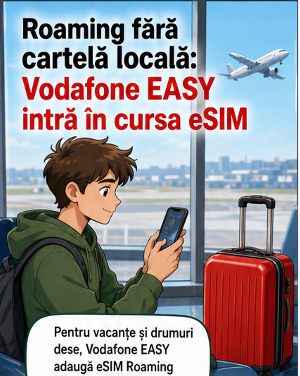Ilustrație cu un telefon mobil care primește o notificare de conectare la internet în roaming, cu hărți ale lumii în fundal și simboluri de rețea 5G