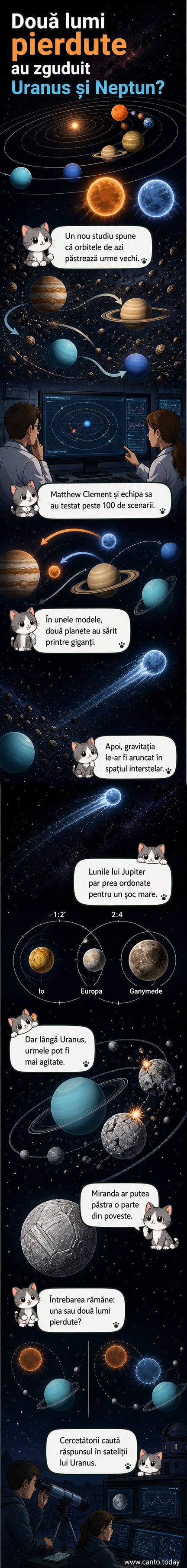Ilustrare cosmică cu două super-Pământuri în trecutul Sistemului Solar, perturbând orbitele lunilor lui Uranus și Neptun înainte de a fi ejectate în spațiul interstelar.