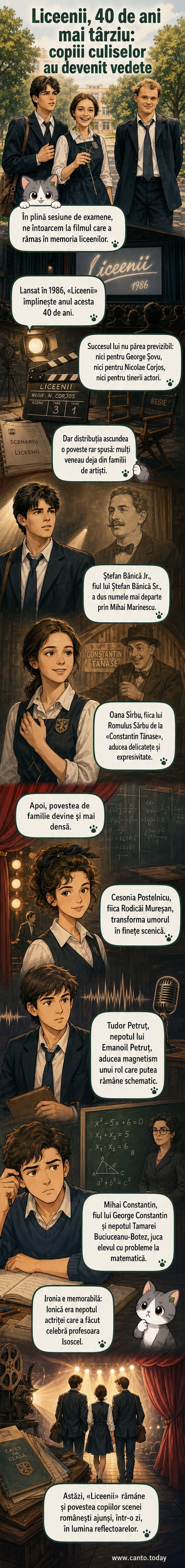 Ilustrație retro cu tineri actori din filmul 'Liceenii', înconjurată de siluete ale unor artiști celebri din spatele lor.