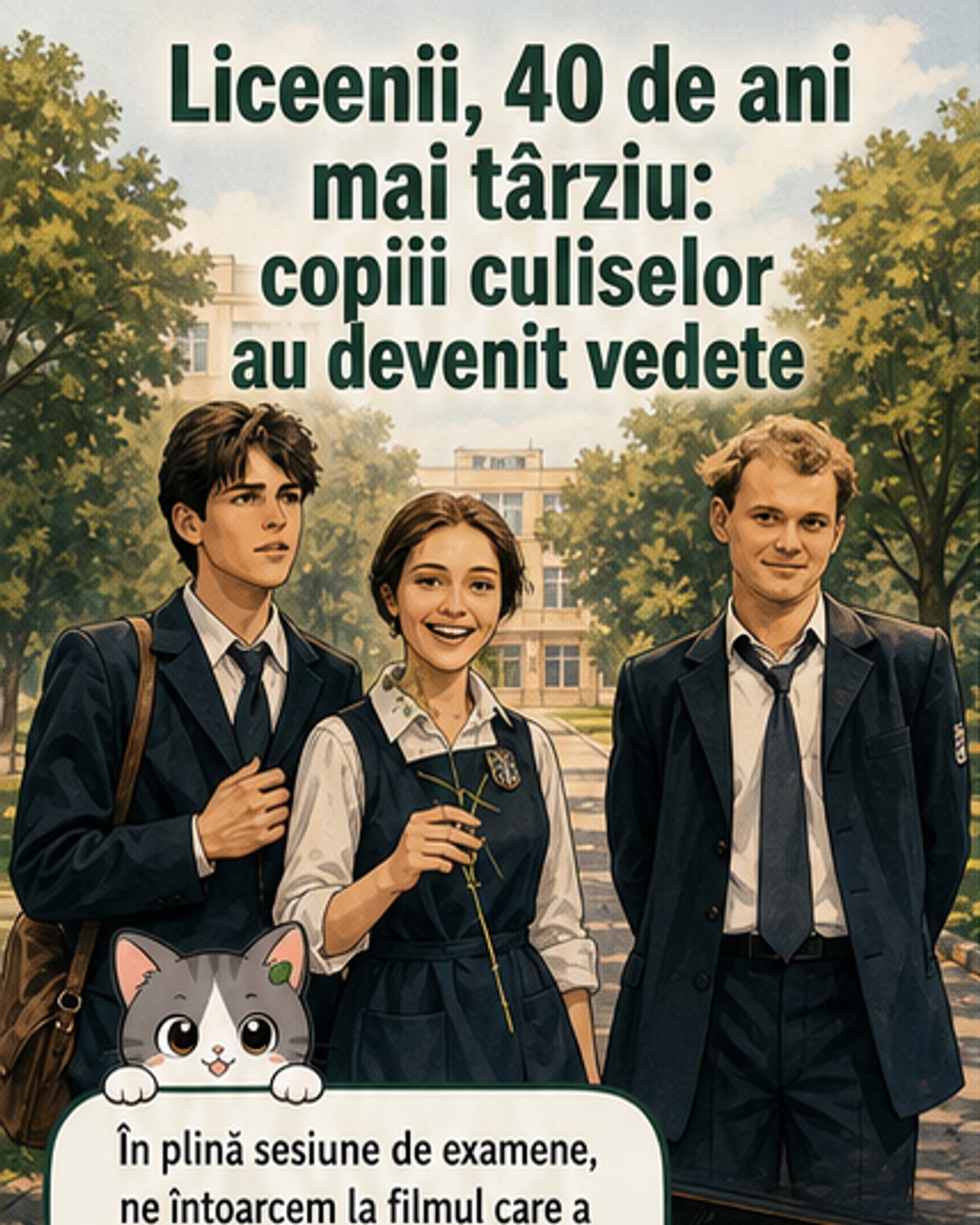 Ilustrație retro cu tineri actori din filmul 'Liceenii', înconjurată de siluete ale unor artiști celebri din spatele lor.