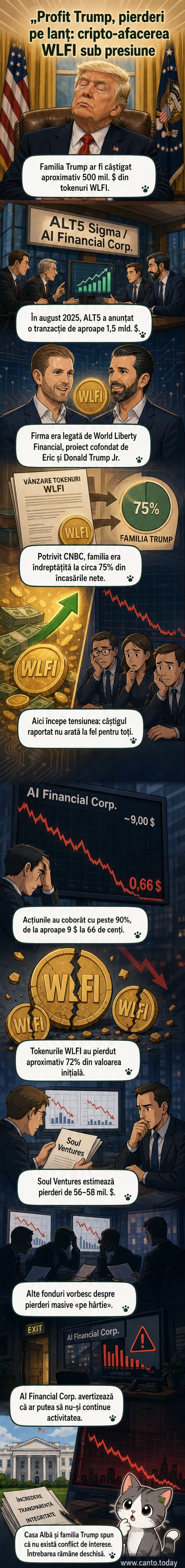 Ilustrație cu familia Trump într-o sală de știri financiare, înconjurată de grafice în cădere și simboluri de criptomonede, cu un profit mare evidențiat în verde și pierderi masive în roșu.