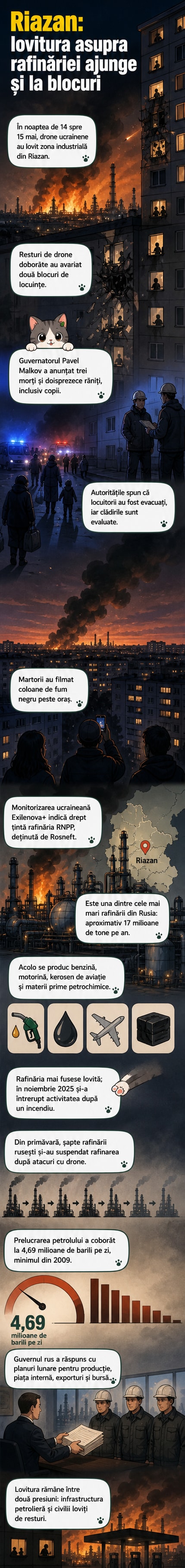 O imagine cu coloane de fum negru ridicându-se deasupra unei zone industriale, cu clădiri avariate în fundal, după un atac cu drone asupra rafinăriei din Riazan, Rusia.