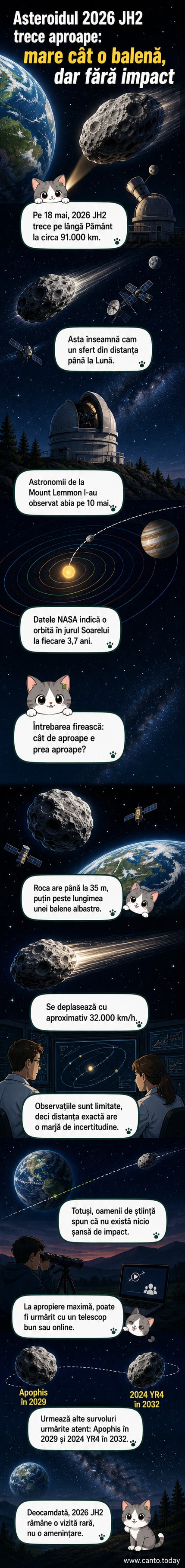 Ilustrație webtoon: un asteroid alungit, de dimensiunea unei balene albastre, trece pe lângă Pământ în spațiul întunecat, cu Luna în fundal și traiectoria marcată printr-o linie curbă.