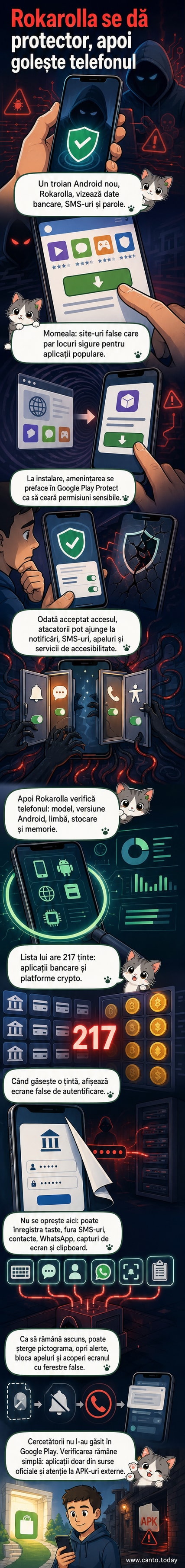 Ilustrație care arată un telefon Android cu un troian care fură date bancare, parole și mesaje SMS prin ecrane false.