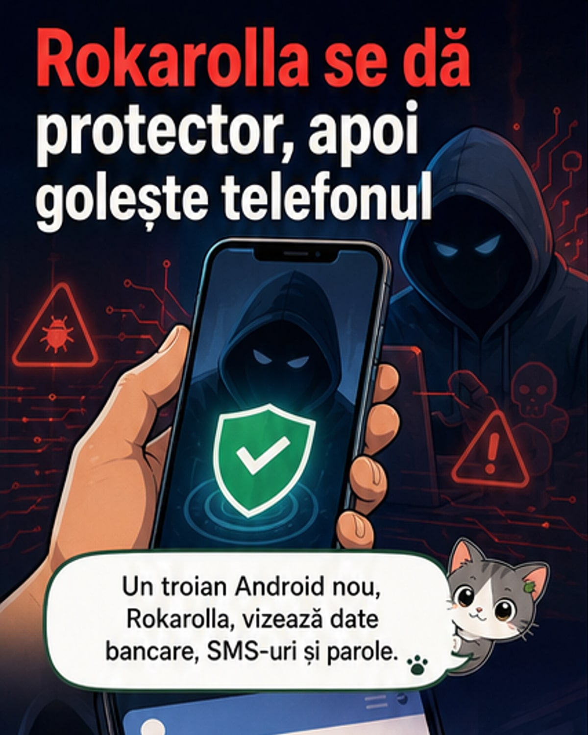 Ilustrație care arată un telefon Android cu un troian care fură date bancare, parole și mesaje SMS prin ecrane false.
