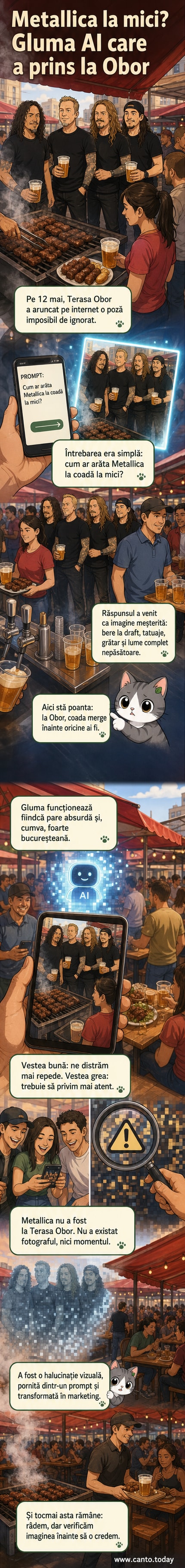 O imagine generată cu AI arată membrii trupei Metallica stând la Terasa Obor, cu bere în mână, într-o coadă la mici, printre clienți obișnuiți care nu-i băgă în seamă.