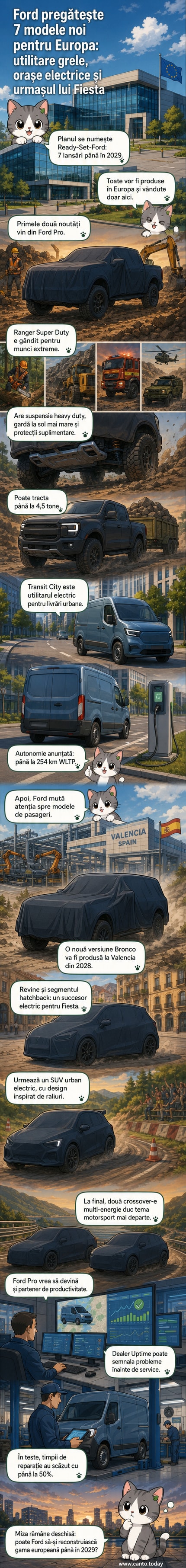 Ilustrație cu noul Ford Ranger Super Duty și Transit City alături de siluetele celorlalte 5 modele viitoare, pe fundalul hărții Europei.