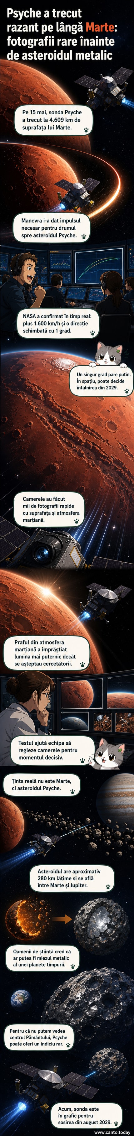 Imagine ilustrativă cu sonda NASA Psyche în apropierea planetei Marte, cu o porțiune din suprafața marțiană vizibilă ca semilună, în timp ce se îndreaptă spre asteroidul metalic Psyche din centura principală de asteroizi.