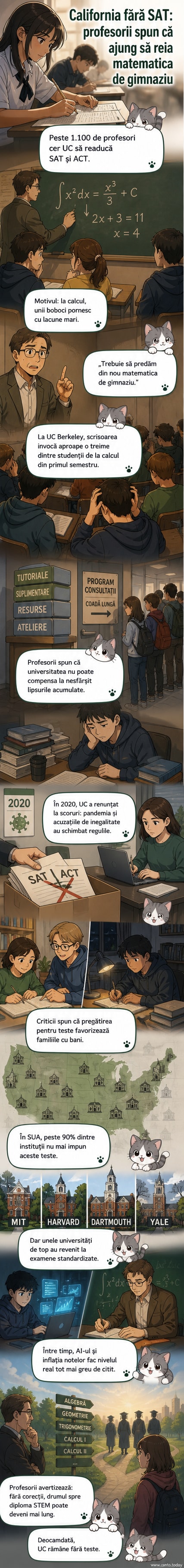 Ilustrație cu un profesor predând matematică de gimnaziu unui grup de studenți universitari, într-o sală de curs modernă, cu grafice și ecuații pe tablă.