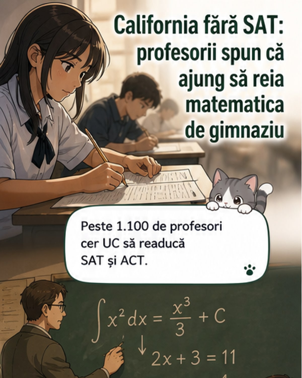 Ilustrație cu un profesor predând matematică de gimnaziu unui grup de studenți universitari, într-o sală de curs modernă, cu grafice și ecuații pe tablă.