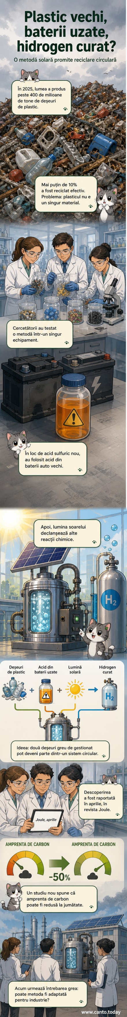 O reprezentare ilustrată a unui proces care transformă deșeuri de plastic în hidrogen curat, folosind panouri solare și acid din baterii auto vechi.
