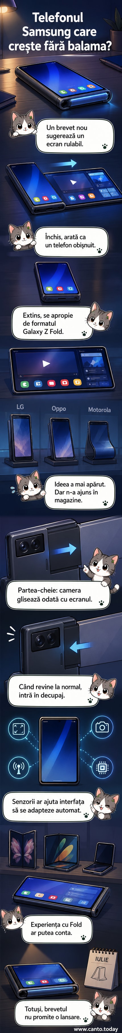 Ilustrație a unui telefon Samsung cu ecran rulabil care se extinde fără balamă, cu cameră mobilă care se deplasează odată cu ecranul