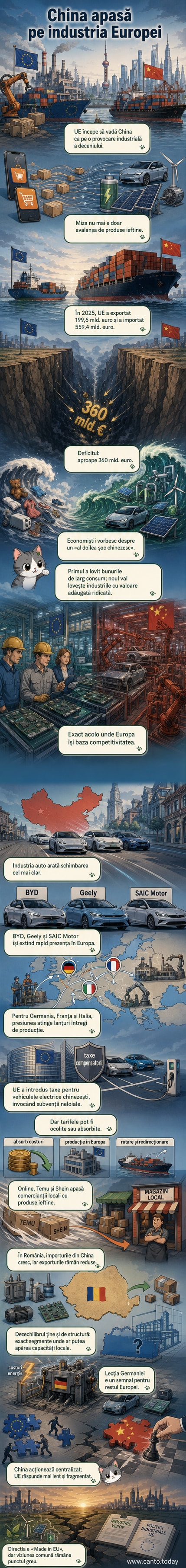 O hartă a Europei și Chinei conectate printr-un lanț de produse industriale verzi, cu indicatori de deficit comercial și săgeți care arată fluxul de exporturi și importuri.