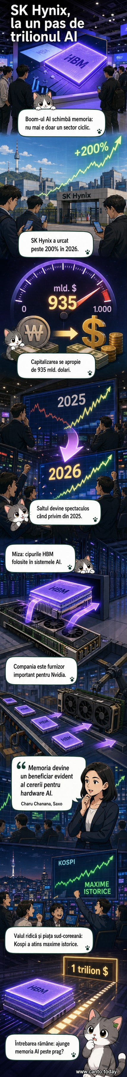 Un cip de memorie HBM produs de SK Hynix, prezentat la un târg de tehnologie, cu fundal industrial
