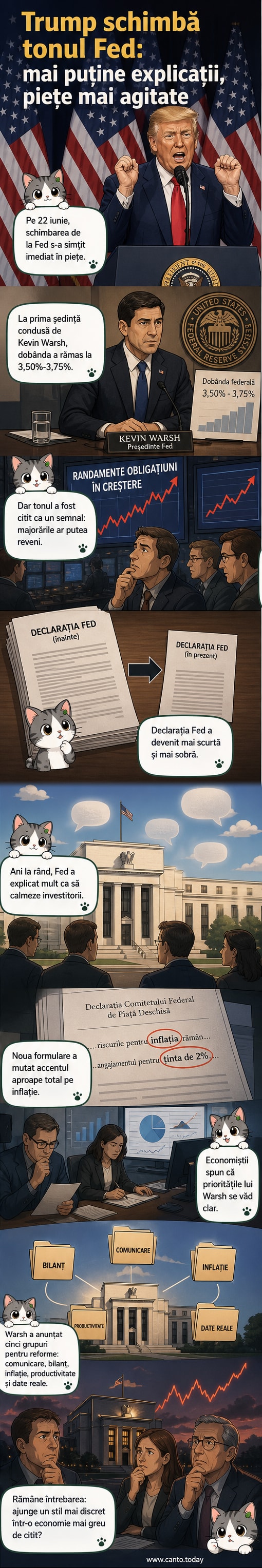 Ilustrație cu Kevin Warsh în fața unui grafic de inflație, cu o bancnotă de dolar parțial acoperită, sugerând comunicare limitată.