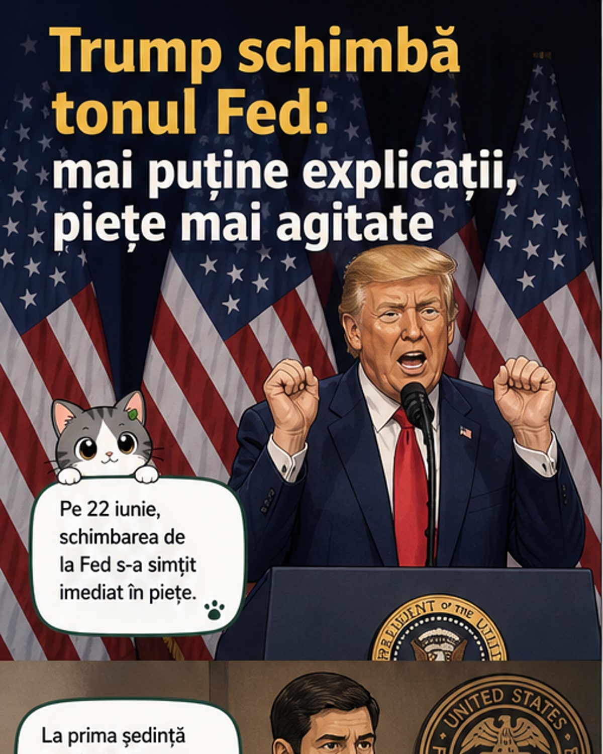 Ilustrație cu Kevin Warsh în fața unui grafic de inflație, cu o bancnotă de dolar parțial acoperită, sugerând comunicare limitată.