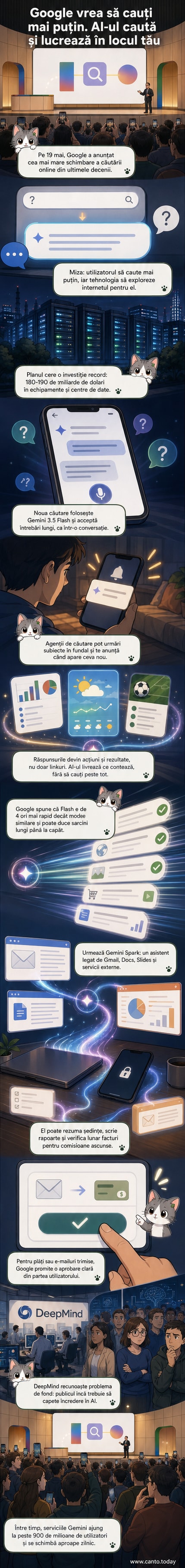 Ilustrație cu un utilizator stând în fața unui ecran mare pe care apare un asistent AI Google Gemini care procesează automat informații din fundal.