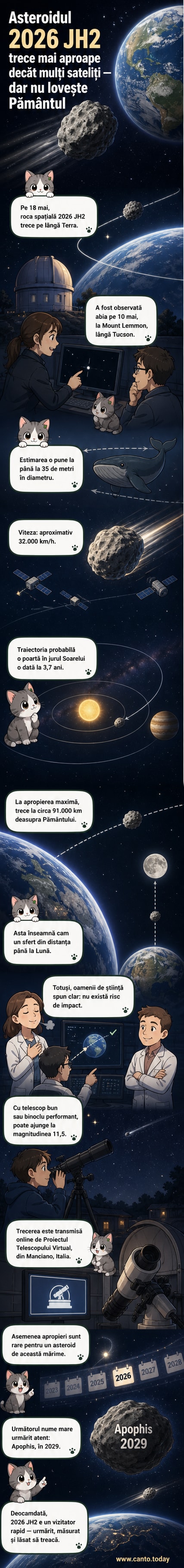 Ilustrație a unui asteroid mare trecând pe lângă Pământ, cu Luna în fundal și un telescop urmărind traiectoria.