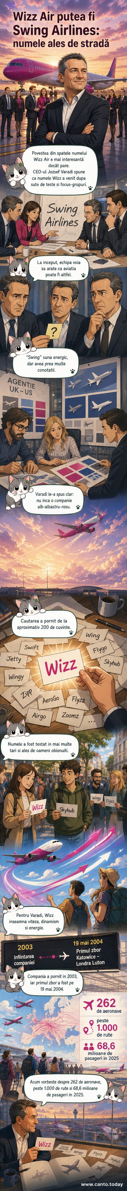Ilustrație care arată un avion Wizz Air zburând deasupra unui semn de interogare mare, cu variante de nume precum 'Swing Airlines' și 'Wizz Air' pe laterale, într-un stil grafic vibrant, cu culori electrice și tipografie dinamică.