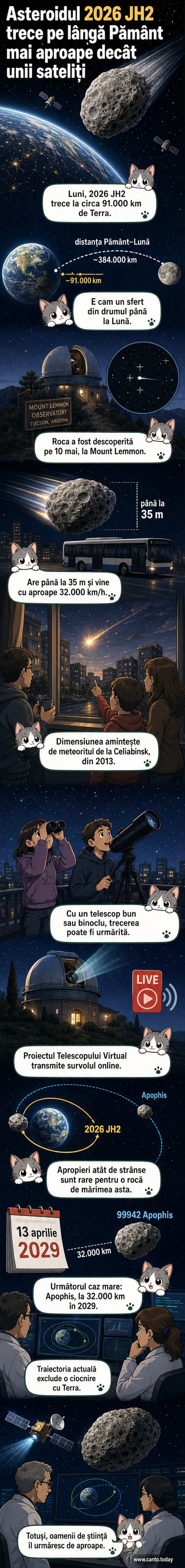 Ilustrare a unui asteroid care trece pe lângă Pământ, cu dimensiunea comparată cu cea a unui stadion și distanța față de orbita sateliților.