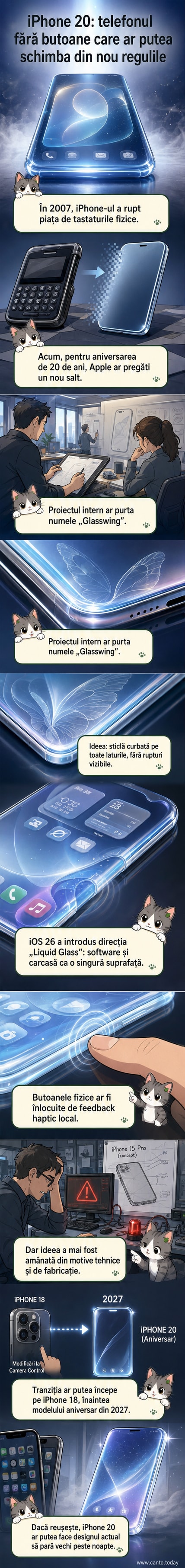 Imagine randată a unui iPhone complet din sticlă, fără butoane fizice, cu ecranul extins pe toate marginile