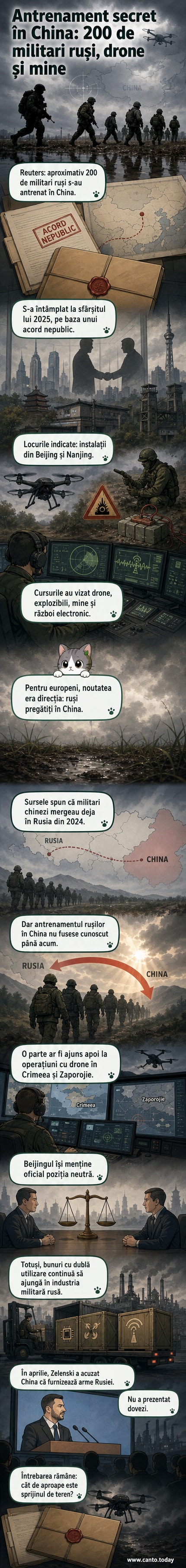 Ilustrație cu doi soldați, unul rus și unul chinez, antrenându-se împreună într-o bază militară, cu drone și echipamente electronice în fundal.