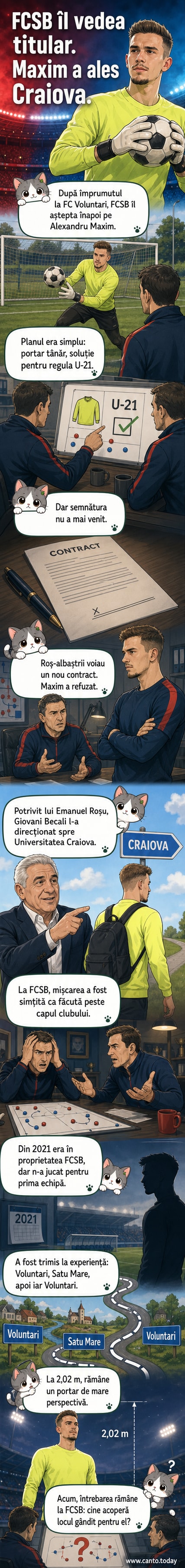 Portarul Alexandru Maxim, în echipament de fotbal, stă în fața porții, cu înălțimea sa de 2,02 metri evidențiată vizual.