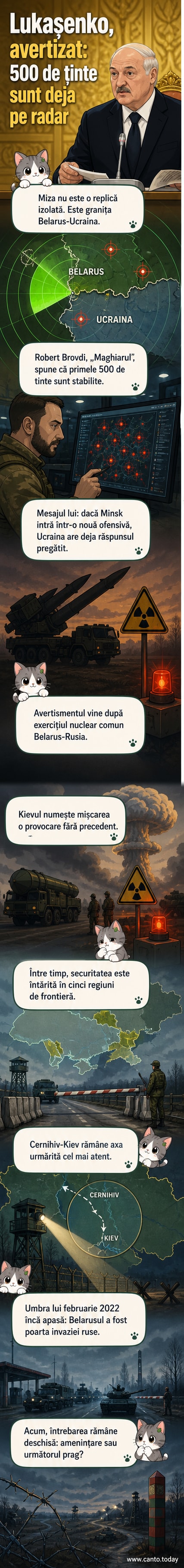 Ilustrație care reprezintă un radar cu 500 de puncte marcate pe o hartă a Belarusului, cu siluete ale unui soldat ucrainean și ale unui lider politic în fundal.