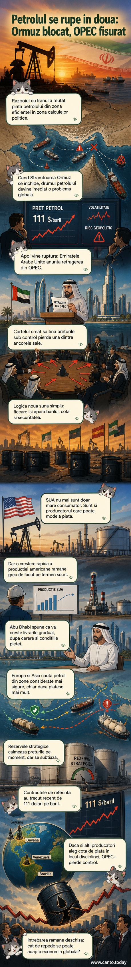O hartă a Golfului Persic cu trasee maritime blocate, un baril de petrol crăpat și simboluri de conflicte geopolitice în fundal