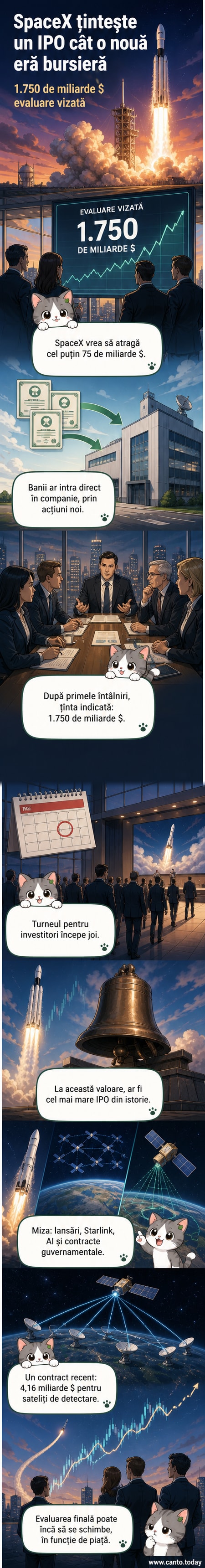 Ilustrație webtoon care arată o rachetă SpaceX lansată în spațiu, cu grafice financiare și sateliți Starlink în fundal, simbolizând IPO-ul record