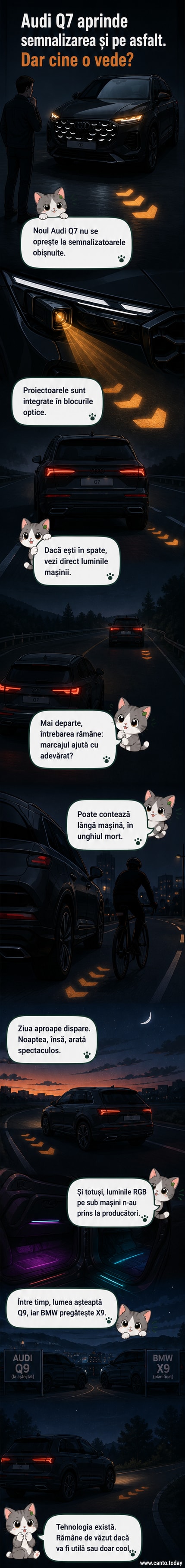 Noul Audi Q7 proiectează semnalizatoare luminoase pe asfalt în timpul nopții, pentru a fi mai vizibil pentru pietoni și alți șoferi.
