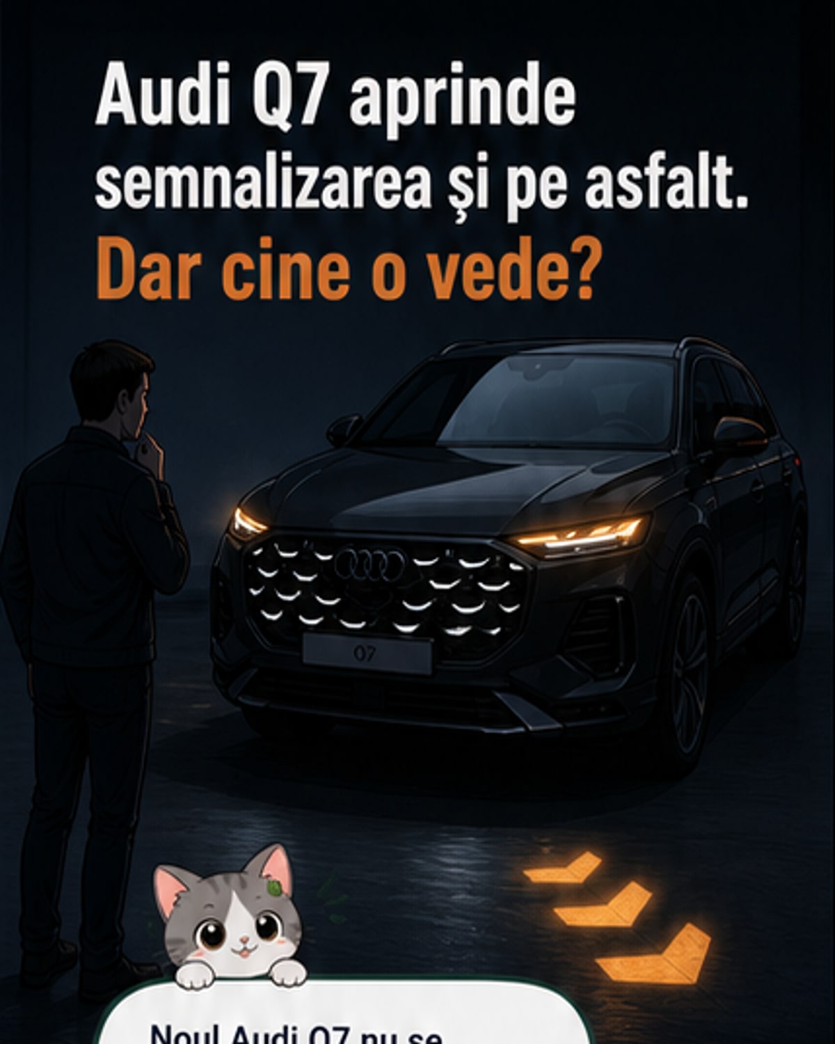 Noul Audi Q7 proiectează semnalizatoare luminoase pe asfalt în timpul nopții, pentru a fi mai vizibil pentru pietoni și alți șoferi.