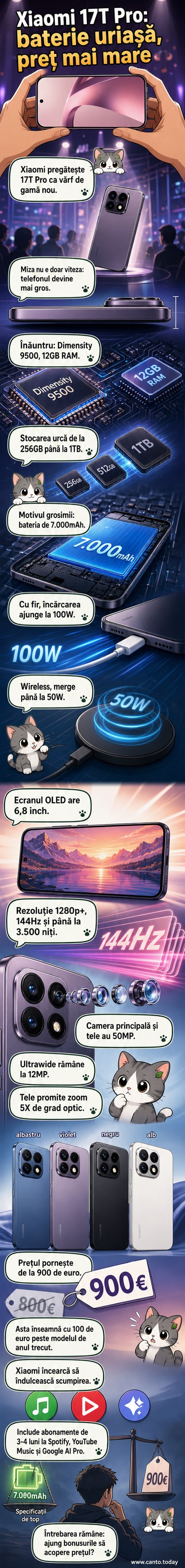 Ilustrație stylizată a smartphone-ului Xiaomi 17T Pro, cu ecran mare, cameră triplă și etichetă energetică care evidențiază bateria de 7.000mAh.