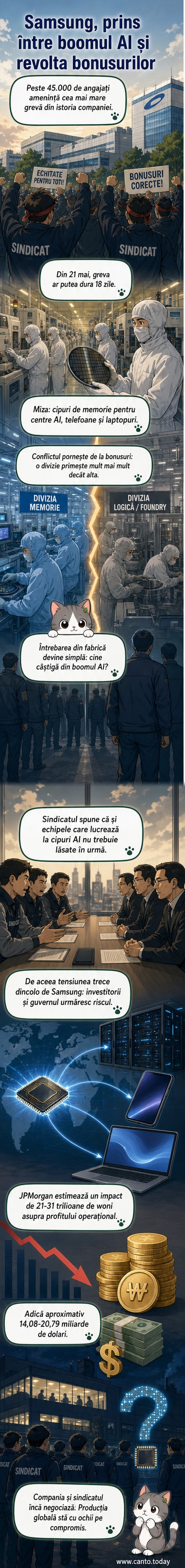 Ilustrație care reprezintă o linie de asamblare de cipuri Samsung blocată de o grevă, cu angajați în uniforme și pancarte care cer bonusuri egale.