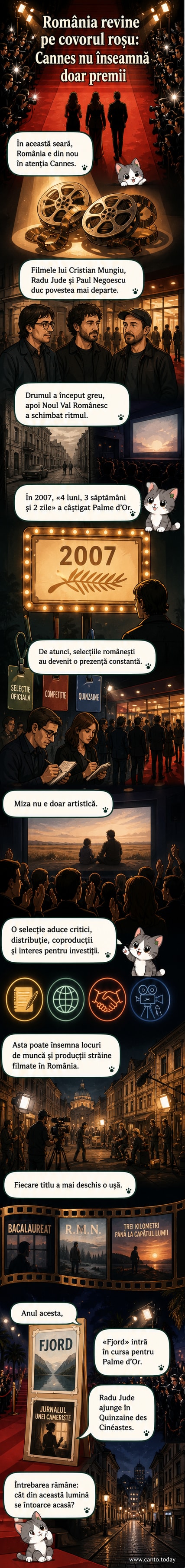 Două filme românești sunt în competiție la Festivalul de Film de la Cannes 2026: 'Fjord' de Cristian Mungiu și 'Jurnalul unei cameriste' de Radu Jude. Imagini cu regizori și actori pe covorul roșu, cu fundal de afișe cinematografice și clădirea festivalului.