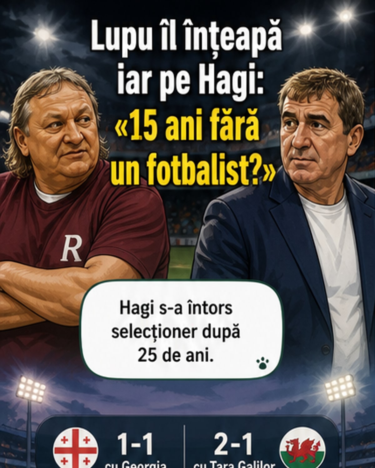 Două imagini alăturate: Gică Hagi într-un costum de selecționer și Dănuț Lupu vorbind la microfon, cu fundal de stadion.