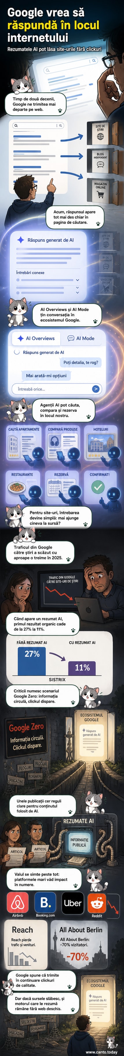 Ilustrație cu un utilizator în fața unui ecran Google care înghite site-uri web într-un flux de date AI, transformând căutarea într-un ecosistem închis.