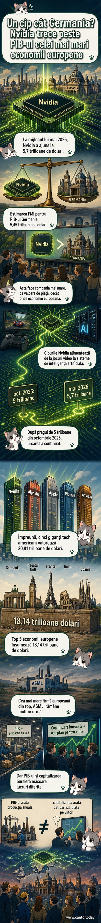 Ilustrație care compară capitalizarea bursieră a Nvidia cu PIB-ul Germaniei, într-un format webtoon cu grafică clară și stil modern.
