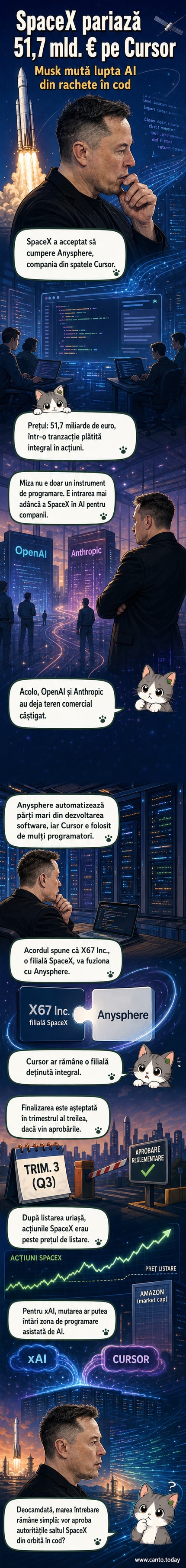 Ilustrație cu logo-urile SpaceX și Cursor care se alătură, într-un context de cod și inteligență artificială