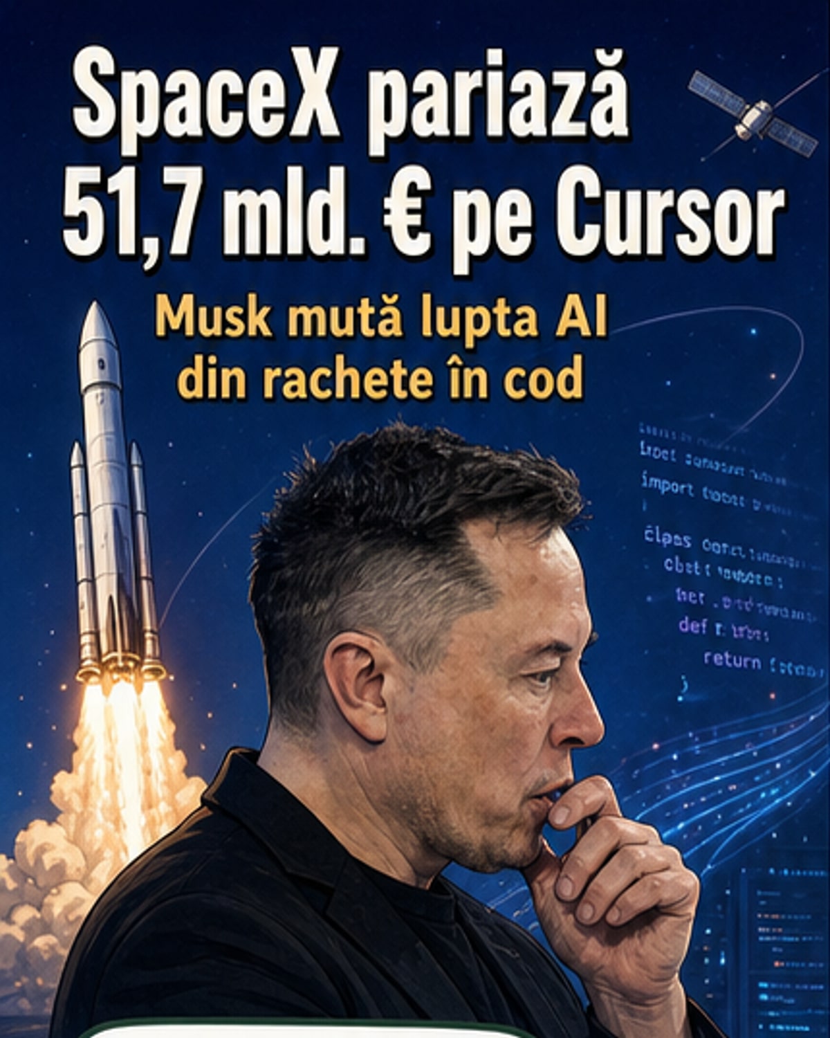 Ilustrație cu logo-urile SpaceX și Cursor care se alătură, într-un context de cod și inteligență artificială