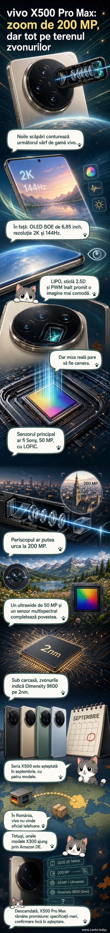 Ilustrație a unui telefon mobil modern cu ecran mare, înconjurat de detalii tehnice: valoarea 144Hz, simbolul unei camere foto, și textul „200 MP”.