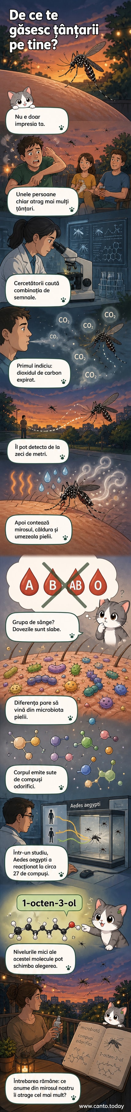 O reprezentare ilustrată a unui țânțar care zboară spre o persoană, cu molecule chimice vizibile în aer, într-o noapte de vară.