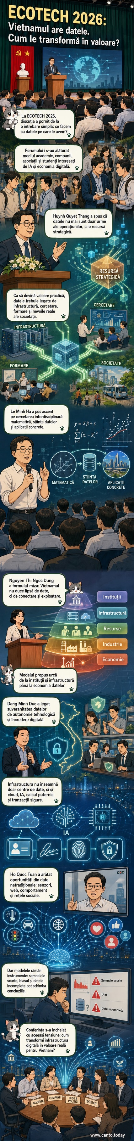 Ilustrație care reprezintă un flux de date conectat la o rețea de inteligență artificială, cu simboluri pentru infrastructură digitală, cercetare și aplicații economice.