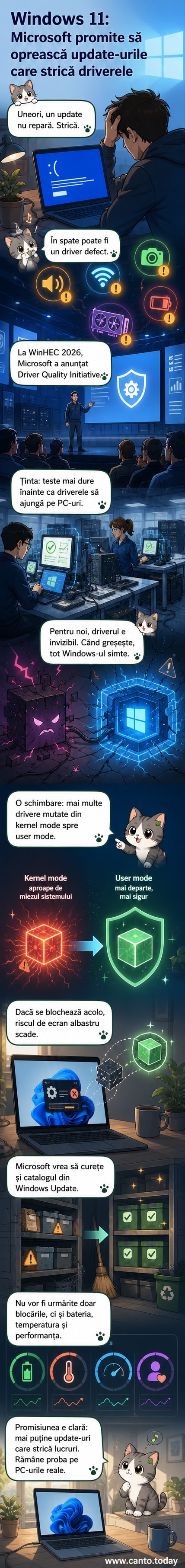 Ilustrație care arată un sistem Windows 11 instabil din cauza unor drivere defecte, cu ecran albastru și alerte de eroare.