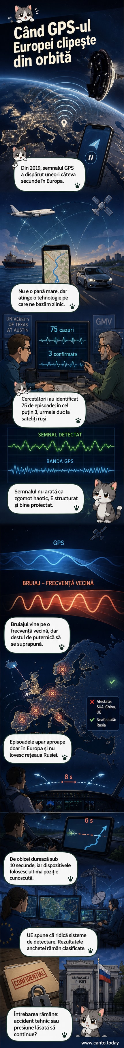 Ilustrație cu un satelit rus emițând un semnal care perturbă rețeaua GPS deasupra Europei, cu linii de interferență care se suprapun peste semnalele normale.