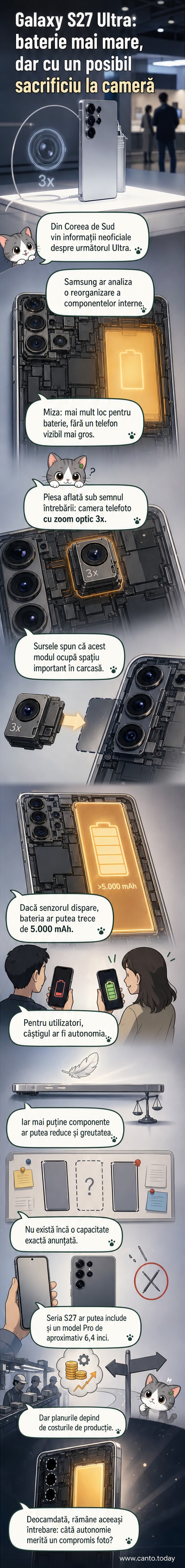 Ilustrație a unui Galaxy S27 Ultra desfășurat pe jumătate, cu o schemă internă care arată eliminarea camerei telefoto și spațiul realocat bateriei.