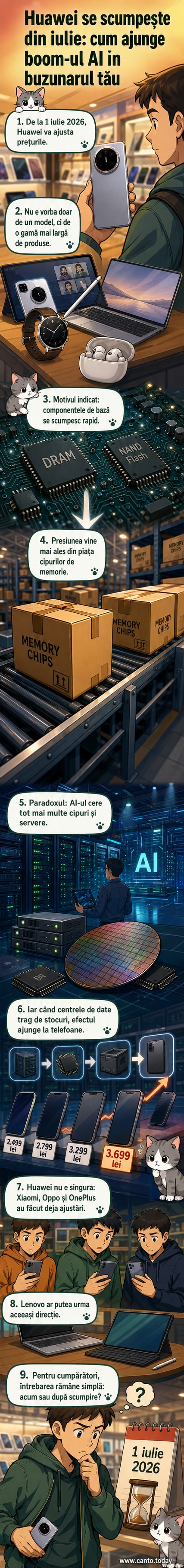 Ilustrație cu un telefon Huawei lângă un cip mare, cu săgeți care arată creșterea prețurilor și conexiunea cu inteligența artificială.