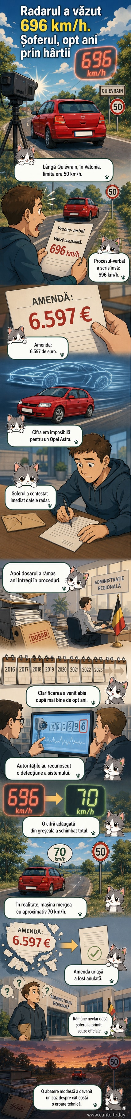 Un Opel Astra parcat lângă un radar de control al vitezei, cu o amendă afișată pe ecran care indică 696 km/h, într-o zonă cu limită de 50 km/h.