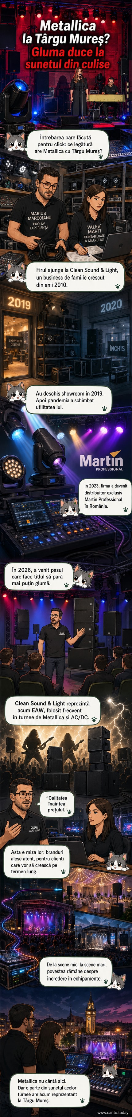 Logo-ul Metallica proiectat pe un fundal cu echipamente audio EAW, într-un cadru urban cu clădiri din Târgu Mureș în fundal